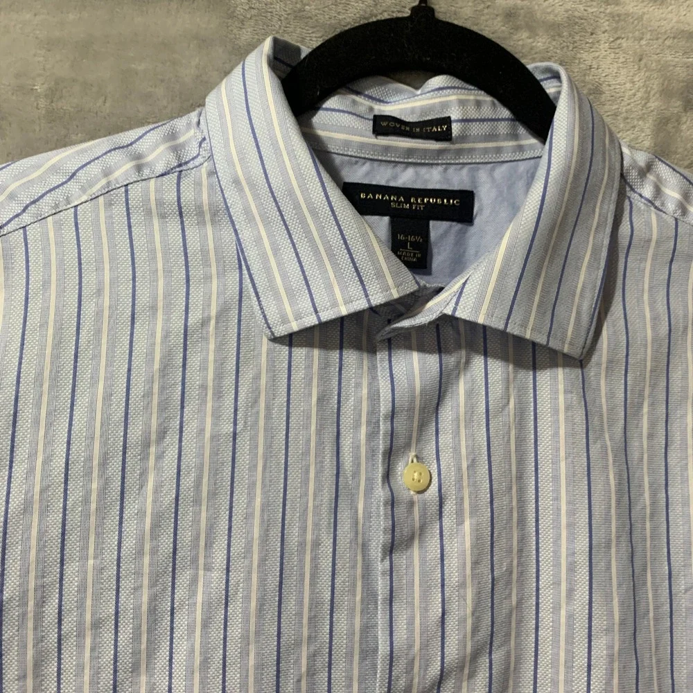 Banana Republic Mens Slim Fit Dress Shirt‎ 16-16.5 L Blue Stripe French Cuffs